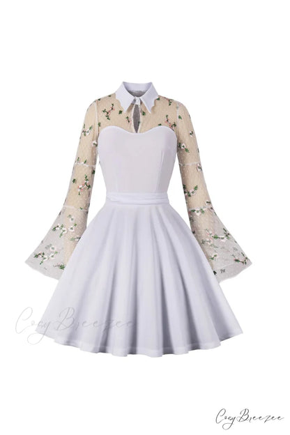 Vintage Dress with Mesh Embroidery and Flare Sleeves White / S