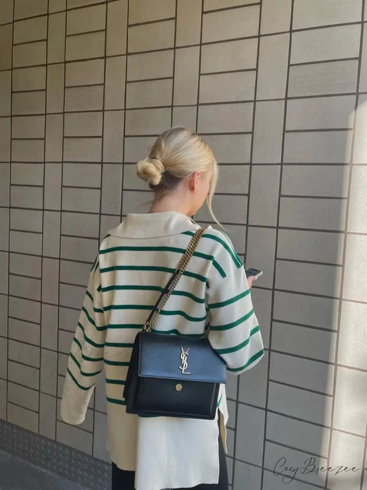 Vintage Elegant Striped Oversized Casual Loose Green Christmas Sweater