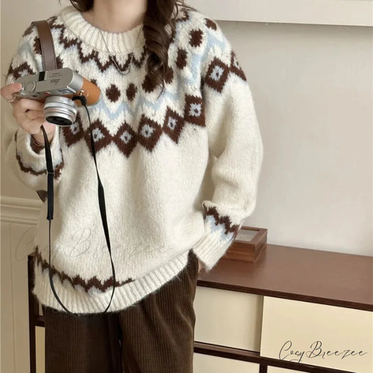 Vintage Fair Isle Loose Preppy Sweater white / S swraters-241228