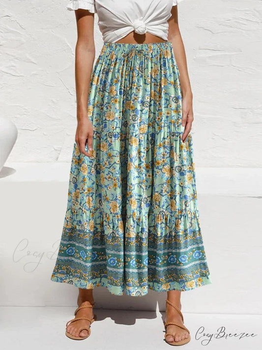 Vintage Fashion Beach Floral Print Hippie Skirt High Elastic A-Line Boho Green / S skirt-250126