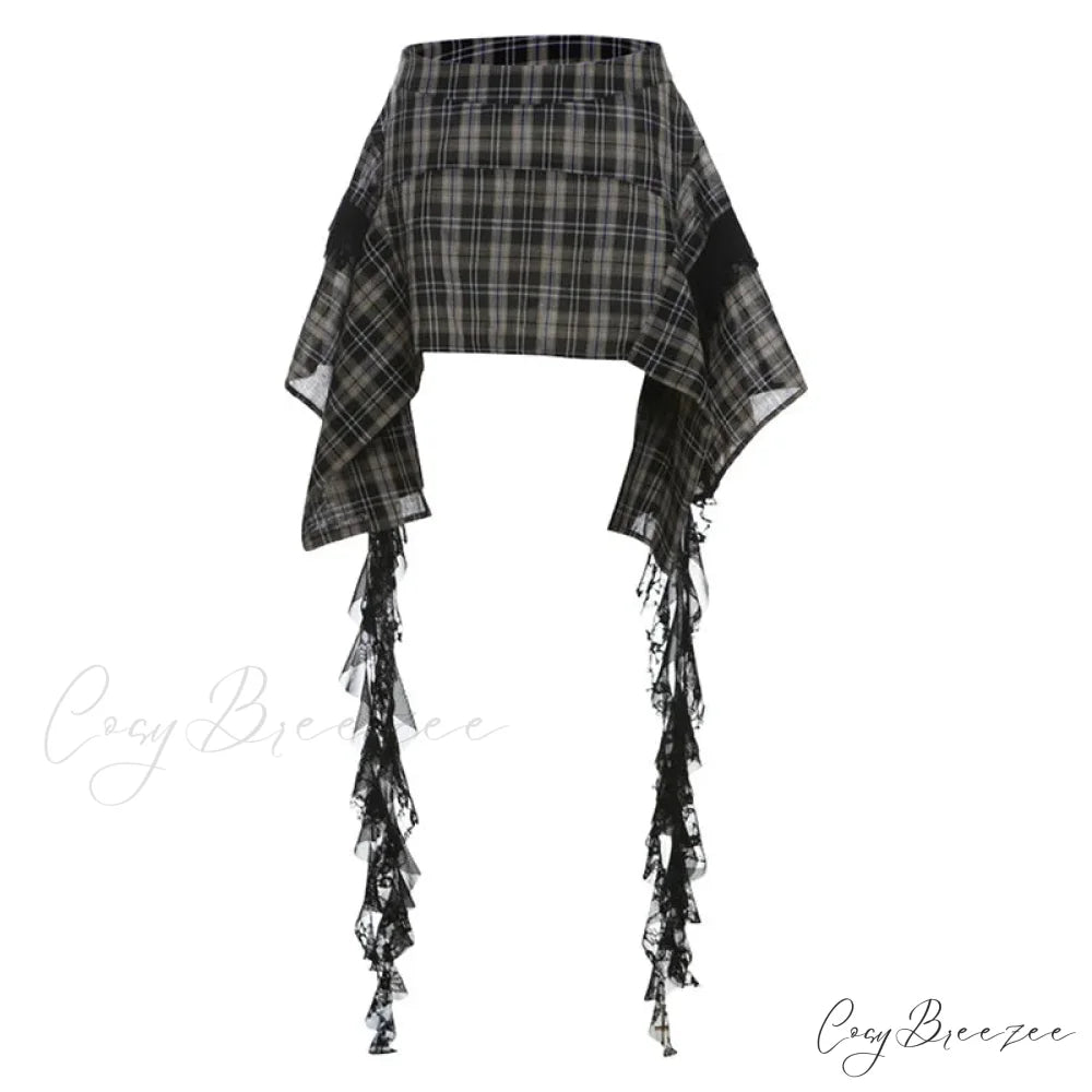 Vintage Fashion Women’s Irregular Plaid Ribbon Design 2024 Summer Trendy High Waist A-line Mini Skirt Black / S