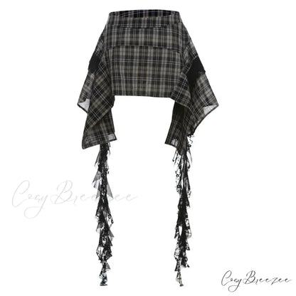 Vintage Fashion Women’s Irregular Plaid Ribbon Design 2024 Summer Trendy High Waist A-line Mini Skirt Black / S