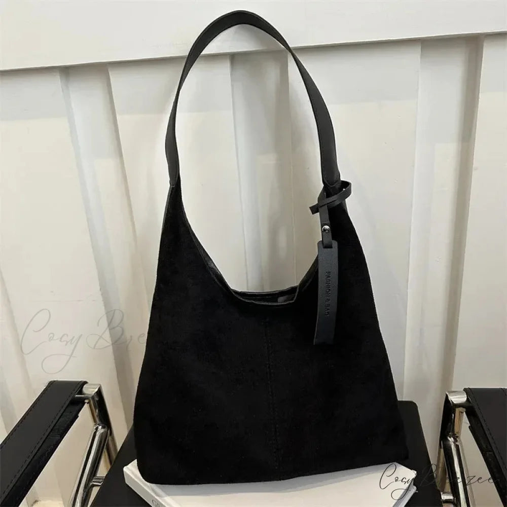 Vintage Faux Suede Large Shoulder Bag Black shoulder-250126