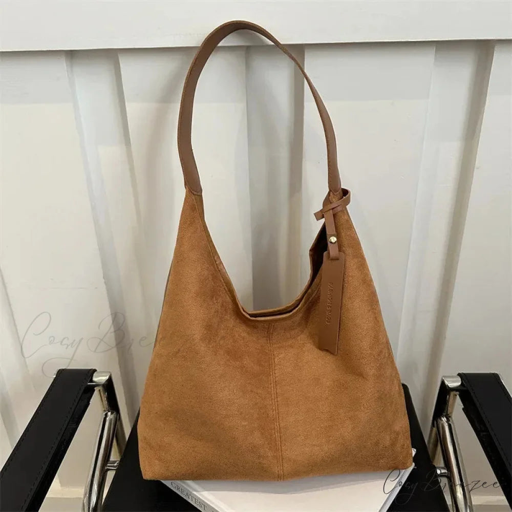 Vintage Faux Suede Large Shoulder Bag Light brown shoulder-250126