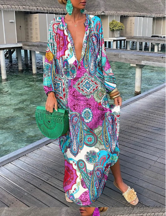 Vintage Flared Sleeves V-neck Bohemian Dress S / PURPLE