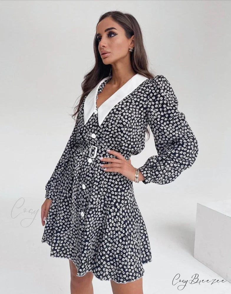 Vintage Floral Dress with Peter Pan Collar Sash Puff Sleeves A-Line Fit