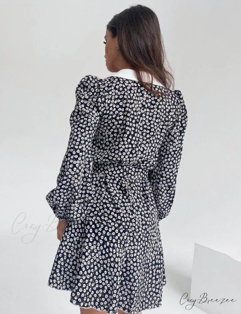 Vintage Floral Dress with Peter Pan Collar Sash Puff Sleeves A-Line Fit