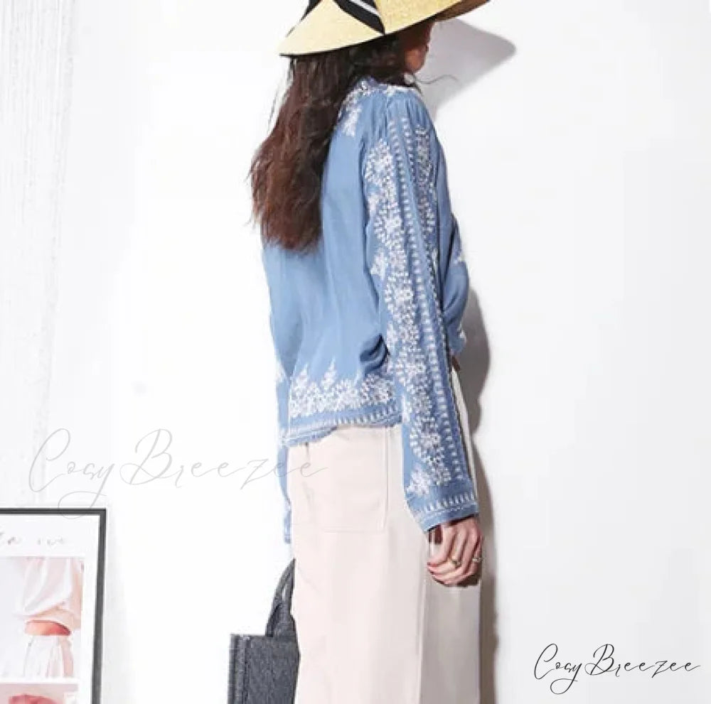Vintage Floral Embroidery Cotton Denim Long Sleeve Blouse bohoblouse-250126