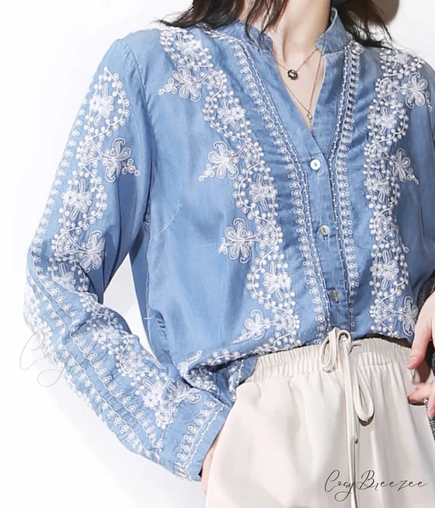 Vintage Floral Embroidery Cotton Denim Long Sleeve Blouse bohoblouse-250126