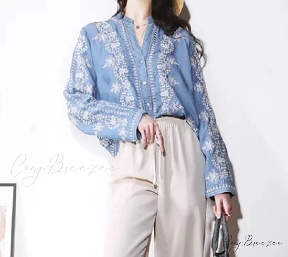 Vintage Floral Embroidery Cotton Denim Long Sleeve Blouse bohoblouse-250126