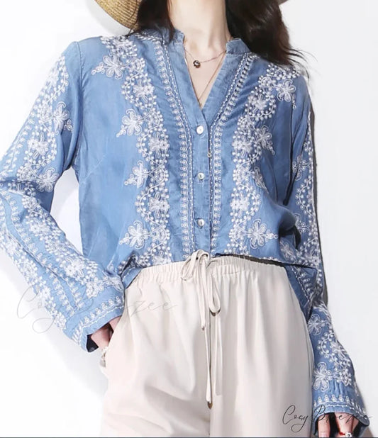 Vintage Floral Embroidery Cotton Denim Long Sleeve Blouse Dark blue / M bohoblouse-250126