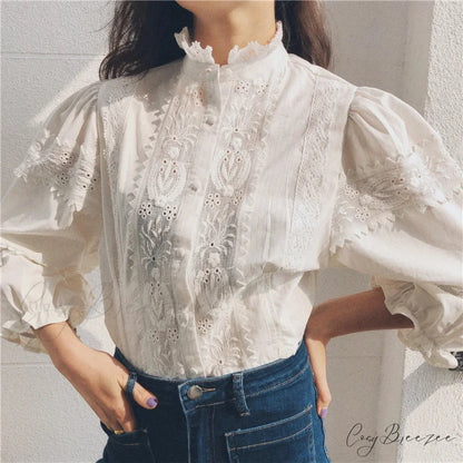 Vintage Floral Embroidery Cotton Linen Lantern Sleeve Blouse White / S bohoblouse-250126