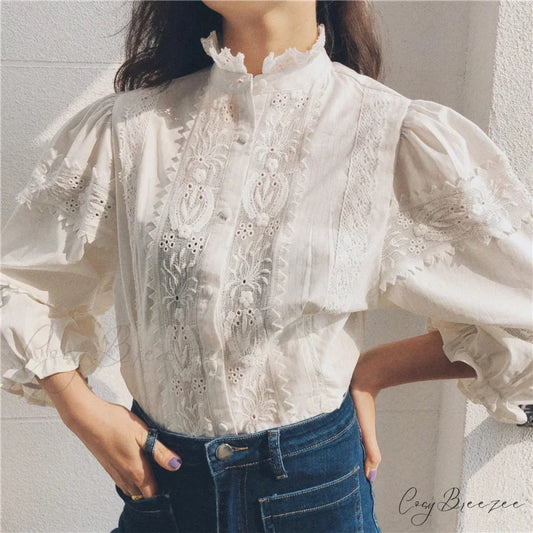 Vintage Floral Embroidery Cotton Linen Lantern Sleeve Blouse White / S bohoblouse-250126