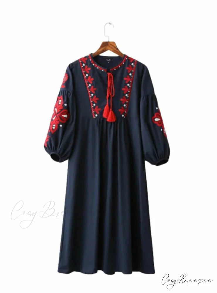Vintage Floral Embroidery Dress with Drawstring Tie and Tassels Long Sleeve for Women