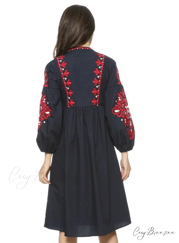 Vintage Floral Embroidery Dress with Drawstring Tie and Tassels Long Sleeve for Women