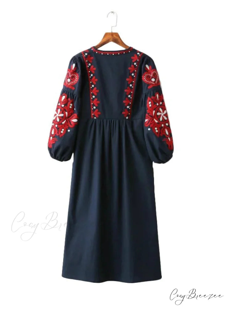 Vintage Floral Embroidery Dress with Drawstring Tie and Tassels Long Sleeve for Women