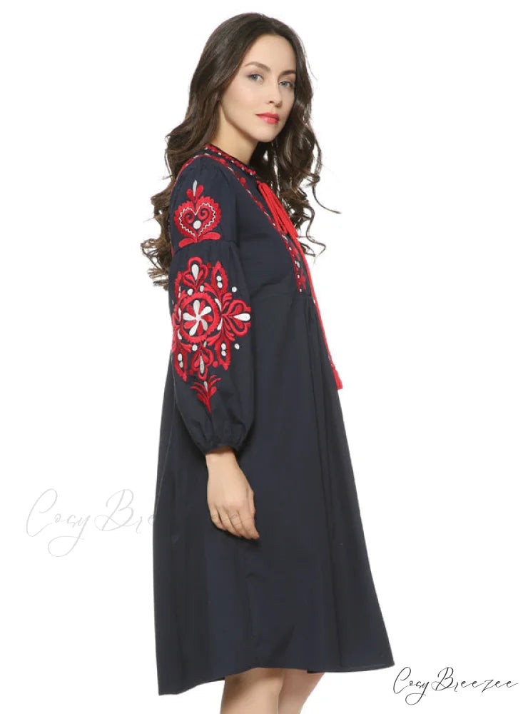 Vintage Floral Embroidery Dress with Drawstring Tie and Tassels Long Sleeve for Women