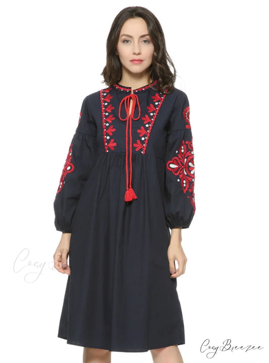 Vintage Floral Embroidery Dress with Drawstring Tie and Tassels Long Sleeve for Women
