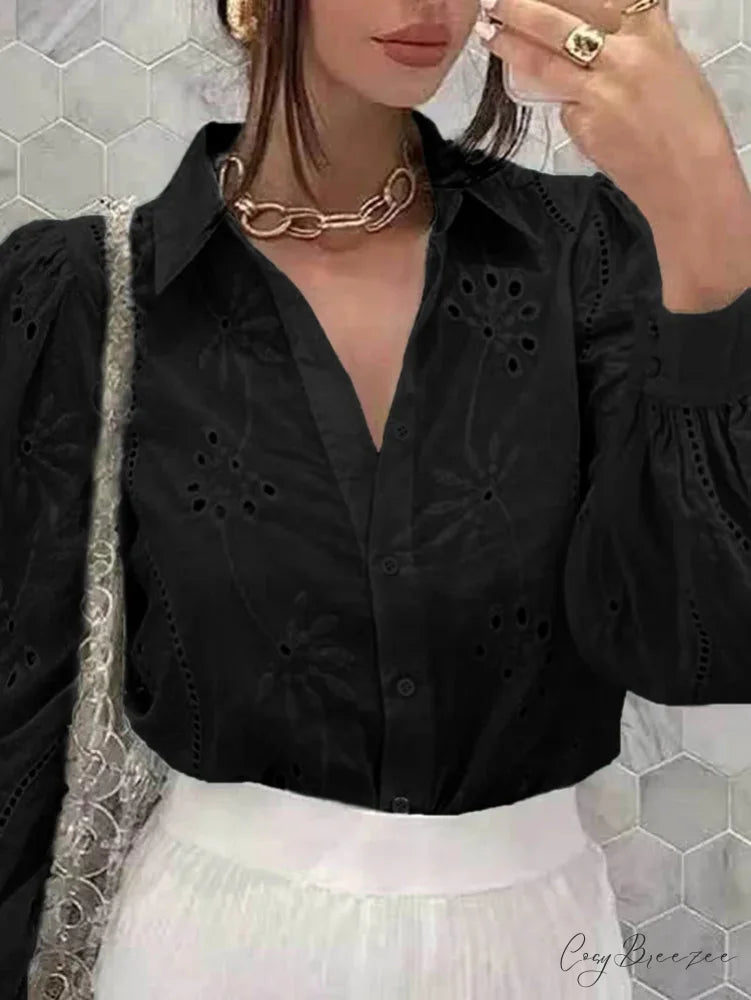 Vintage Floral Embroidery Hollow Out Puff Sleeve Blouse Black / S bohoblouse-250126