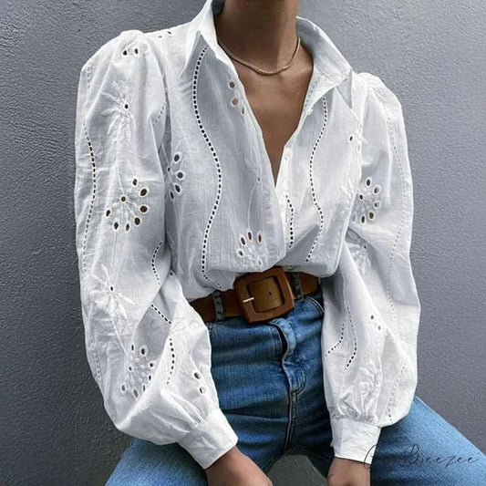 Vintage Floral Embroidery Hollow Out Puff Sleeve Blouse White / S bohoblouse-250126