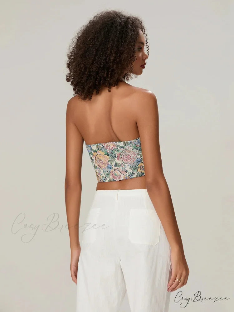 Vintage Floral Halterneck Bow Tied Front Deep V Crop Top croptop-250126