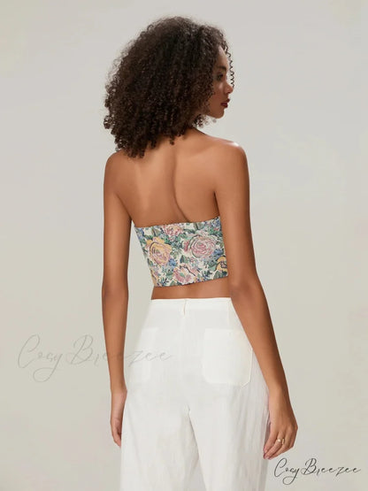 Vintage Floral Halterneck Bow Tied Front Deep V Crop Top croptop-250126
