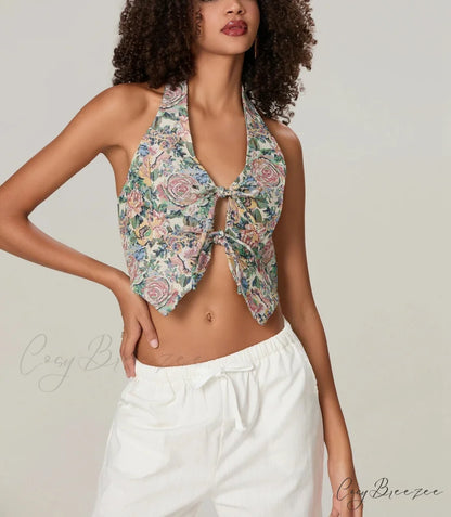 Vintage Floral Halterneck Bow Tied Front Deep V Crop Top croptop-250126