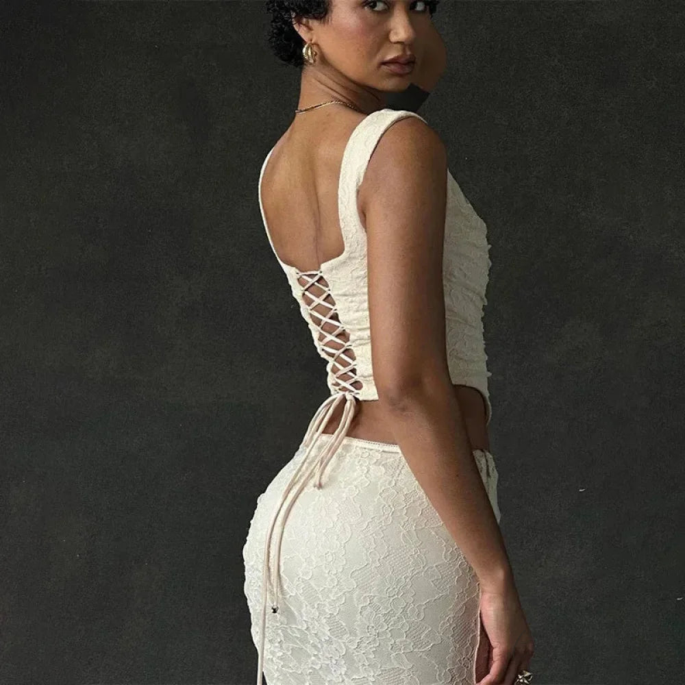 Vintage Floral Lace Corset Top and Skirt Sets Sexy Backless Bandage Midi Dress