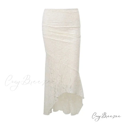 Vintage Floral Lace Corset Top and Skirt Sets Sexy Backless Bandage Midi Dress BEIGE / S