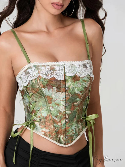Vintage Floral Lace Trim Tie-up Spaghetti Strap Bustier croptop-250126
