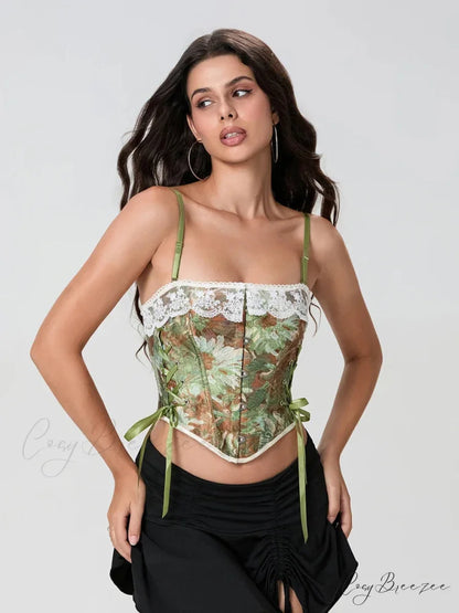 Vintage Floral Lace Trim Tie-up Spaghetti Strap Bustier croptop-250126