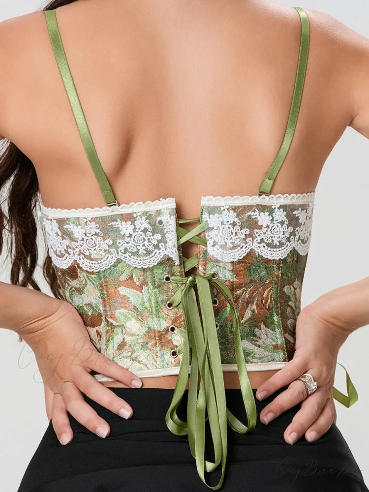 Vintage Floral Lace Trim Tie-up Spaghetti Strap Bustier croptop-250126