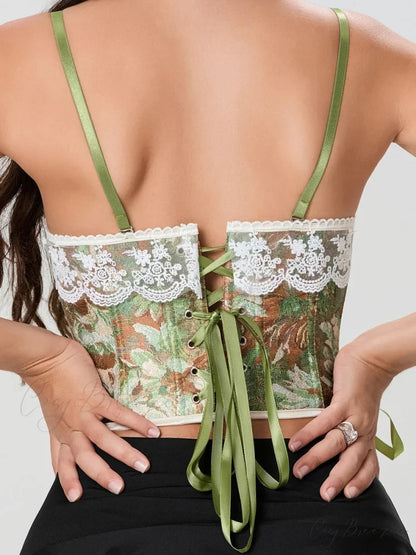 Vintage Floral Lace Trim Tie-up Spaghetti Strap Bustier croptop-250126