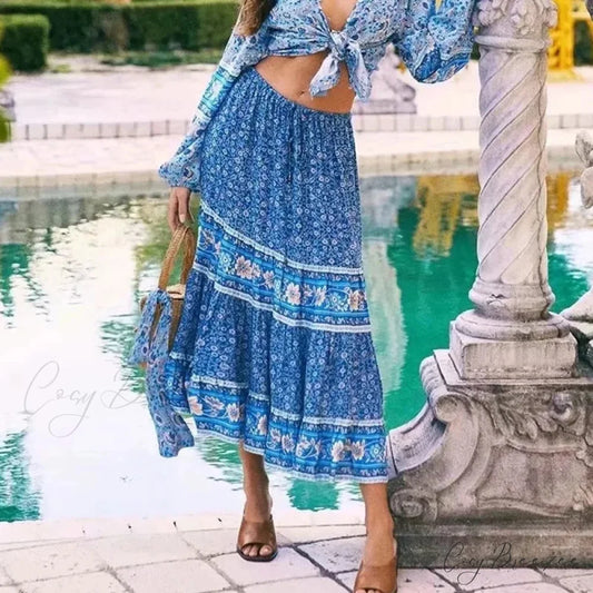 Vintage Floral Maxi Skirt Casual Beach Boho Rayon Elastic Waist Tie blue skirt / S bohodress-250126