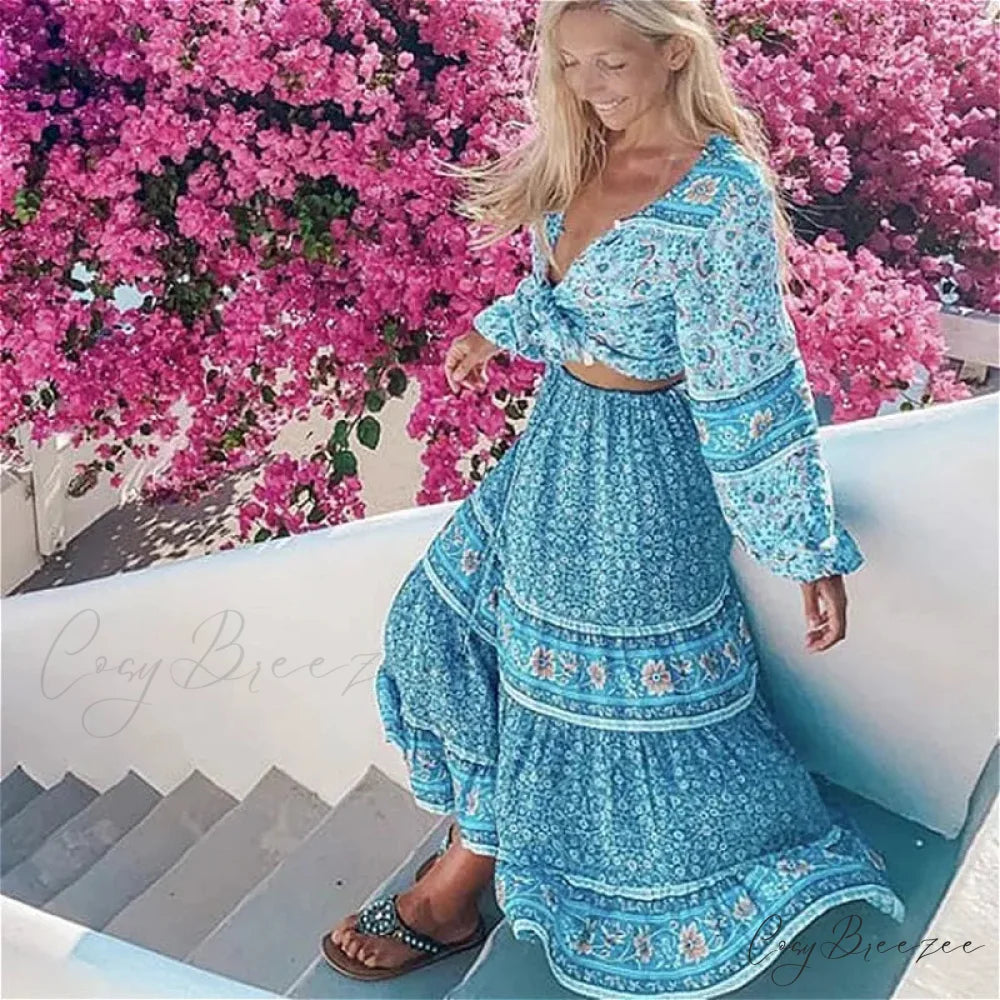 Vintage Floral Maxi Skirt Casual Beach Boho Rayon Elastic Waist Tie bohodress-250126