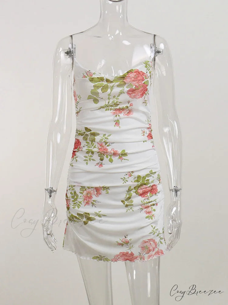 Vintage Floral Mesh Bodycon Dress with Ruched Detail