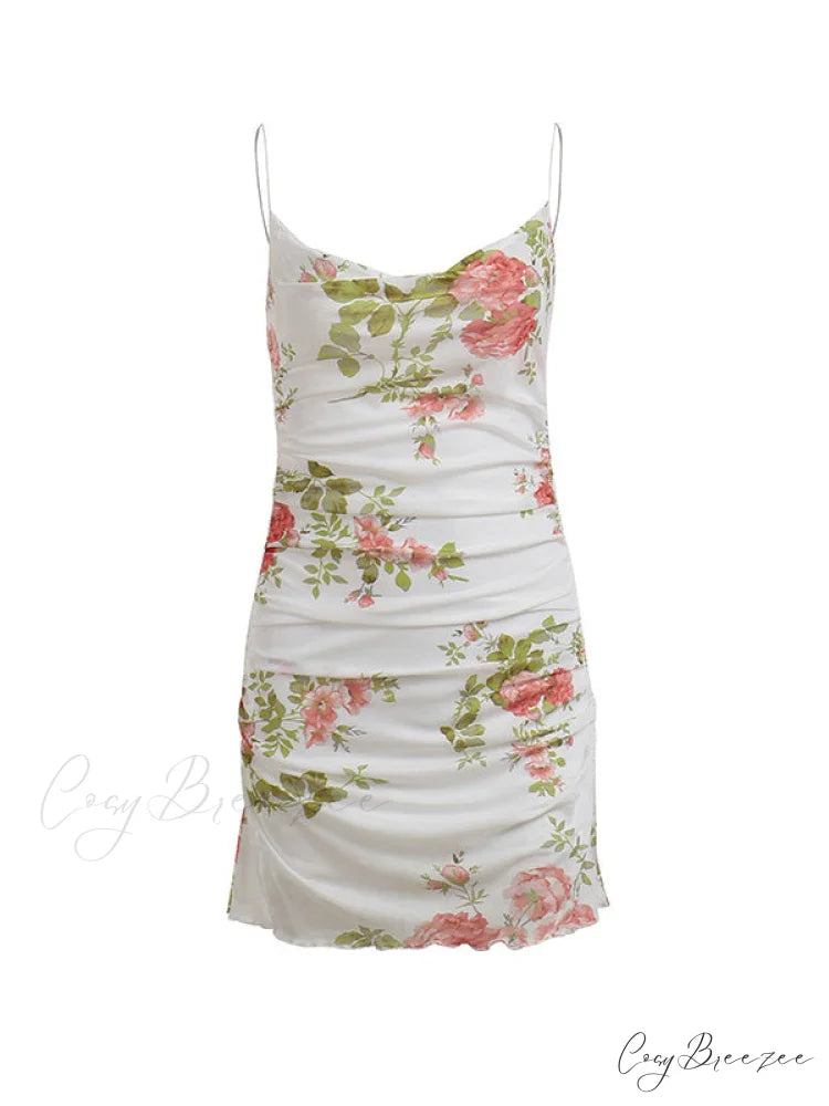 Vintage Floral Mesh Bodycon Dress with Ruched Detail