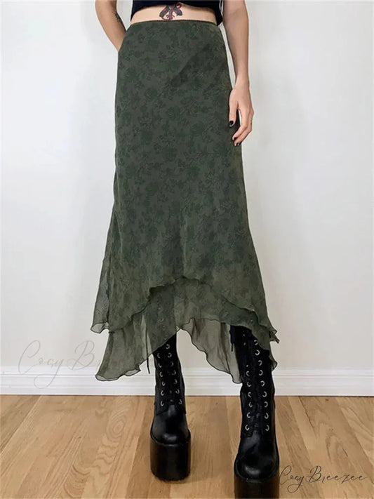 Vintage Floral Midi Skirt High Waist Mesh Irregular Green / S skirt-250126