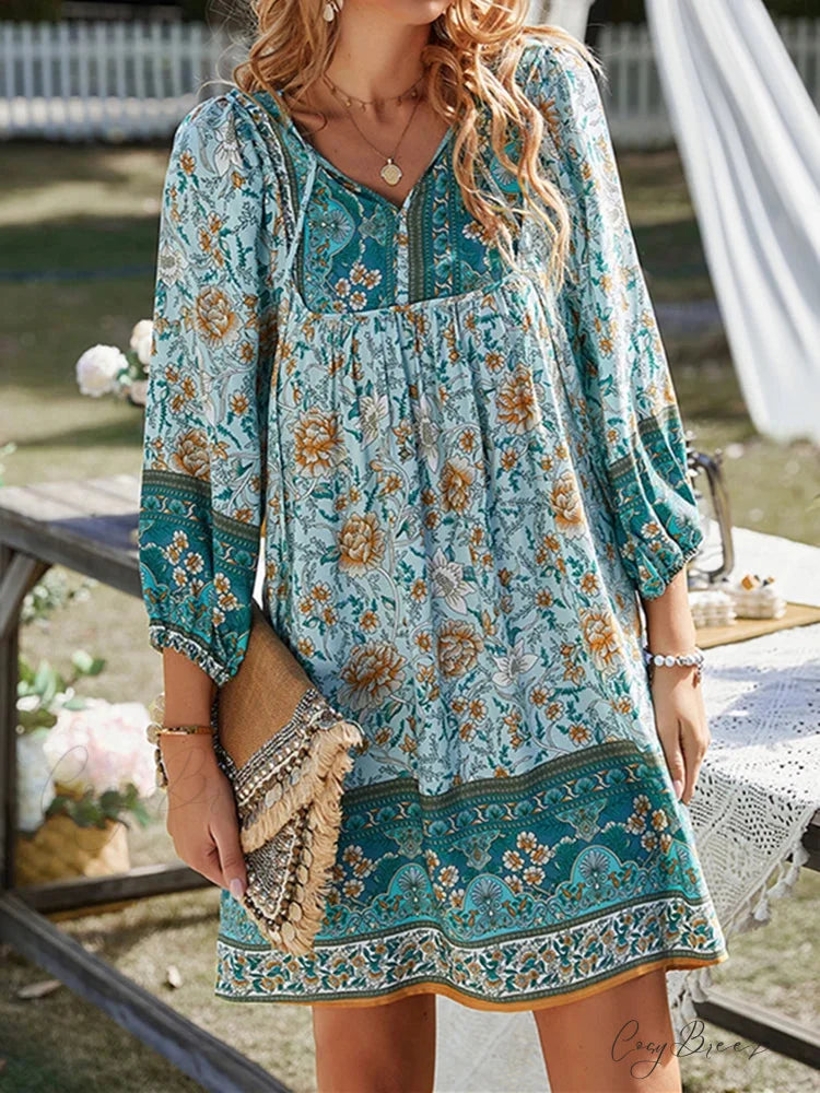 Vintage Floral Print Boho A-Line Dress Blue / S bohodress-250126