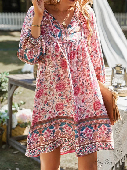Vintage Floral Print Boho A-Line Dress bohodress-250126