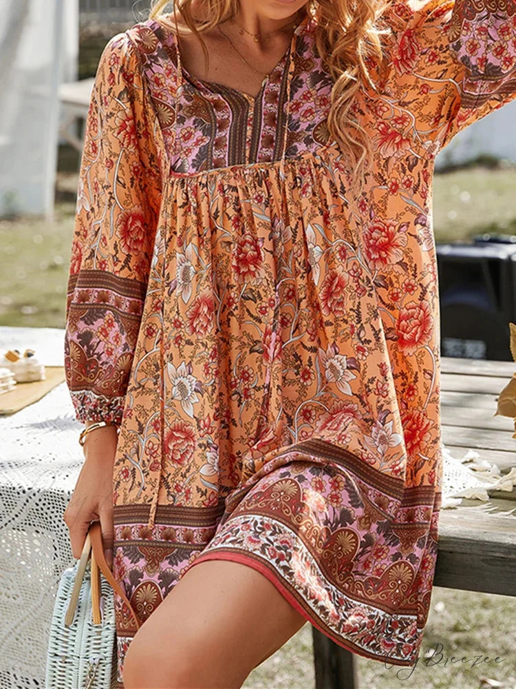 Vintage Floral Print Boho A-Line Dress bohodress-250126