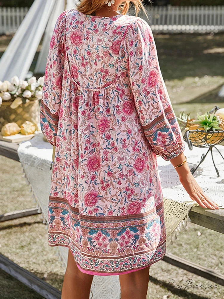 Vintage Floral Print Boho A-Line Dress bohodress-250126