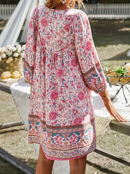Vintage Floral Print Boho A-Line Dress bohodress-250126