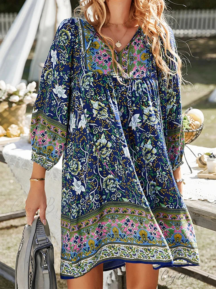Vintage Floral Print Boho A-Line Dress Navy Blue / S bohodress-250126