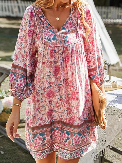 Vintage Floral Print Boho A-Line Dress Pink / S bohodress-250126