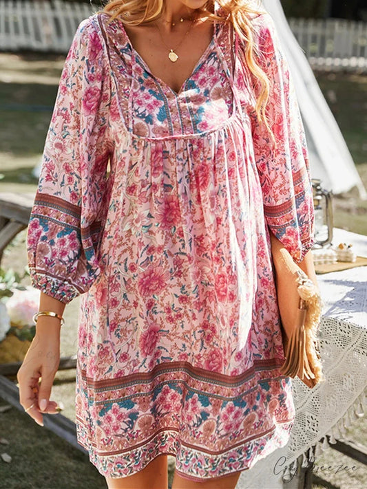 Vintage Floral Print Boho A-Line Dress Pink / S bohodress-250126