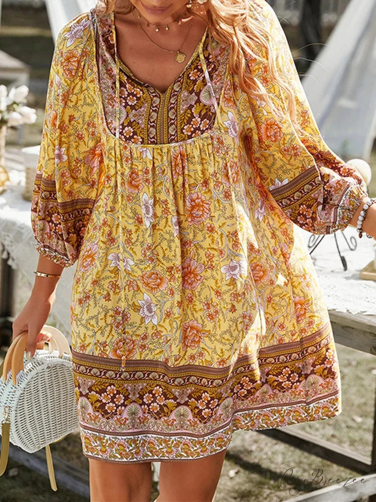 Vintage Floral Print Boho A-Line Dress Yellow / S bohodress-250126