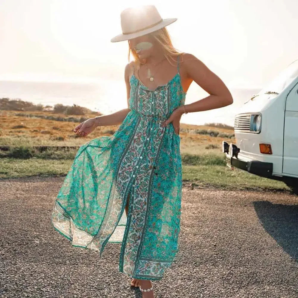 Vintage Floral Print Boho Midi Dress Turquoise / S bohodress-250126