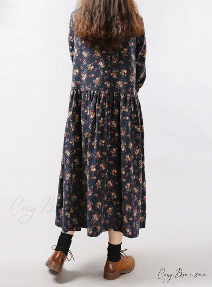 Vintage Floral Print Dress with Long Sleeves and O Neck for Women with Pockets L / Khaki
