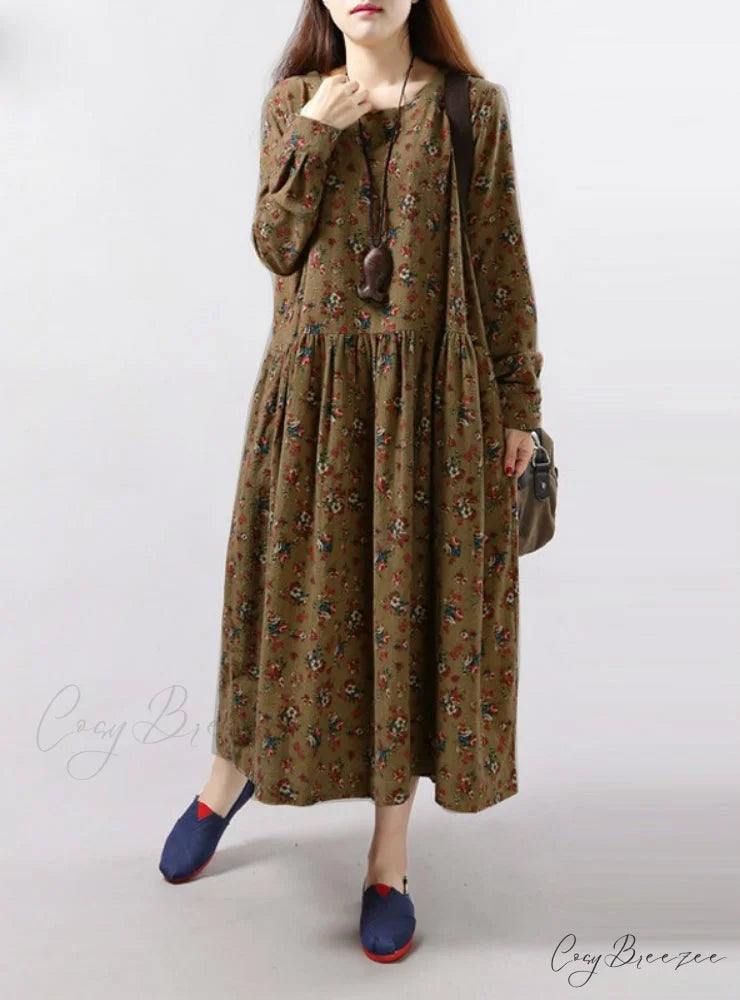 Vintage Floral Print Dress with Long Sleeves and O Neck for Women with Pockets L / Red